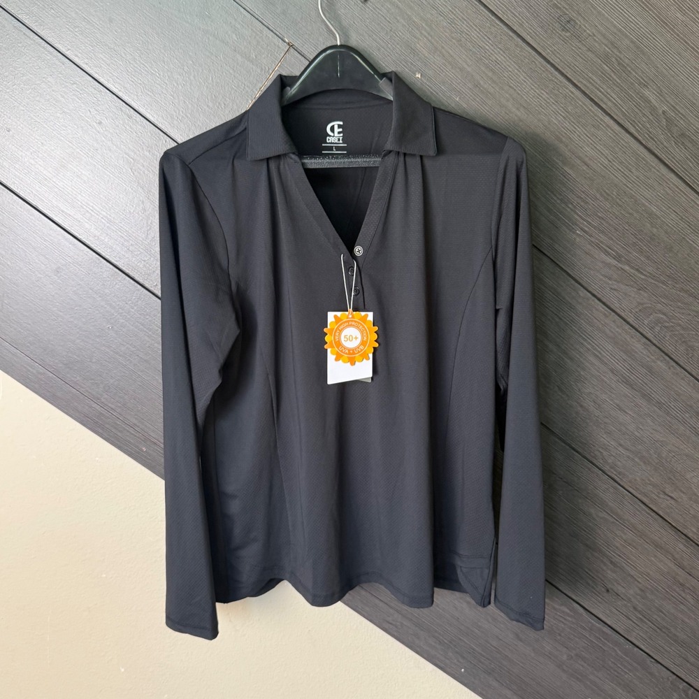 Casei Women's UPF 50+ Long Sleeve Performance Polo Shirt Large Black NWT